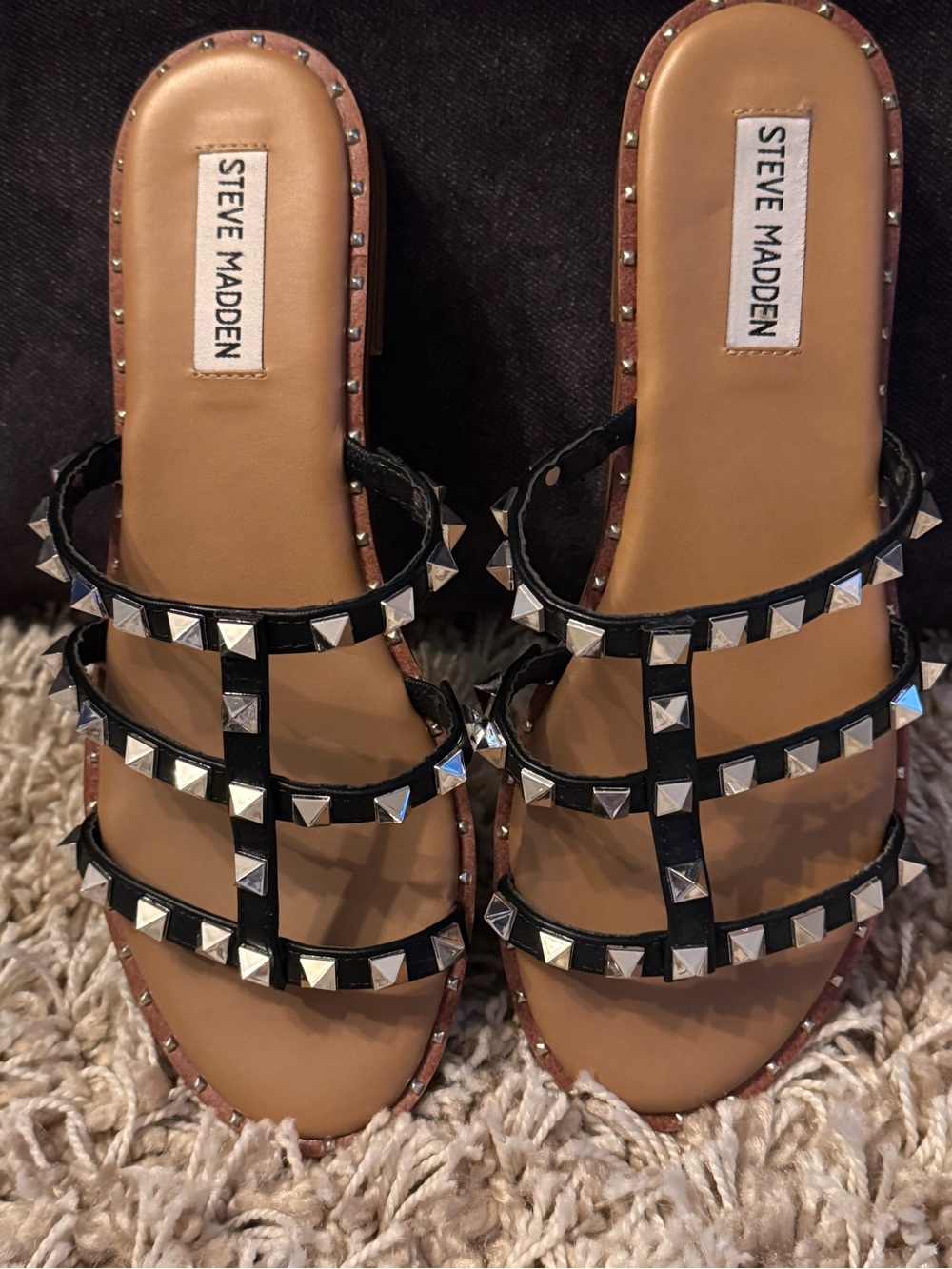 Steve Madden Black Pyramid Stud Multi-Strap Slide Sandals